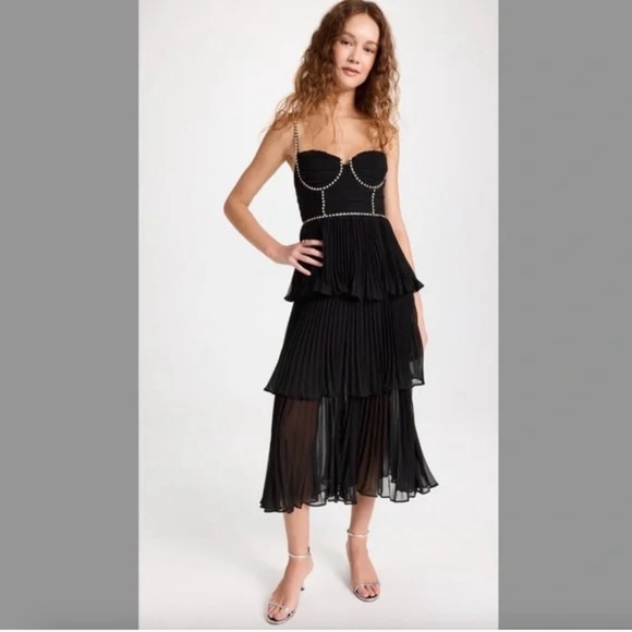 Self-Portrait Black Pleated Midi Dress